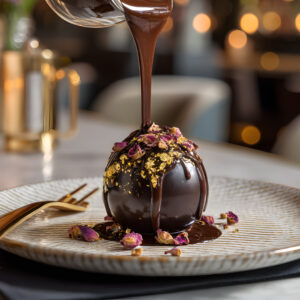 La fameuse sphère au chocolat façon Dubai: crémeux pistache, praliné pistache et biscuit pistache. Et sa sauce au chocolat chaud à verser dessus.
